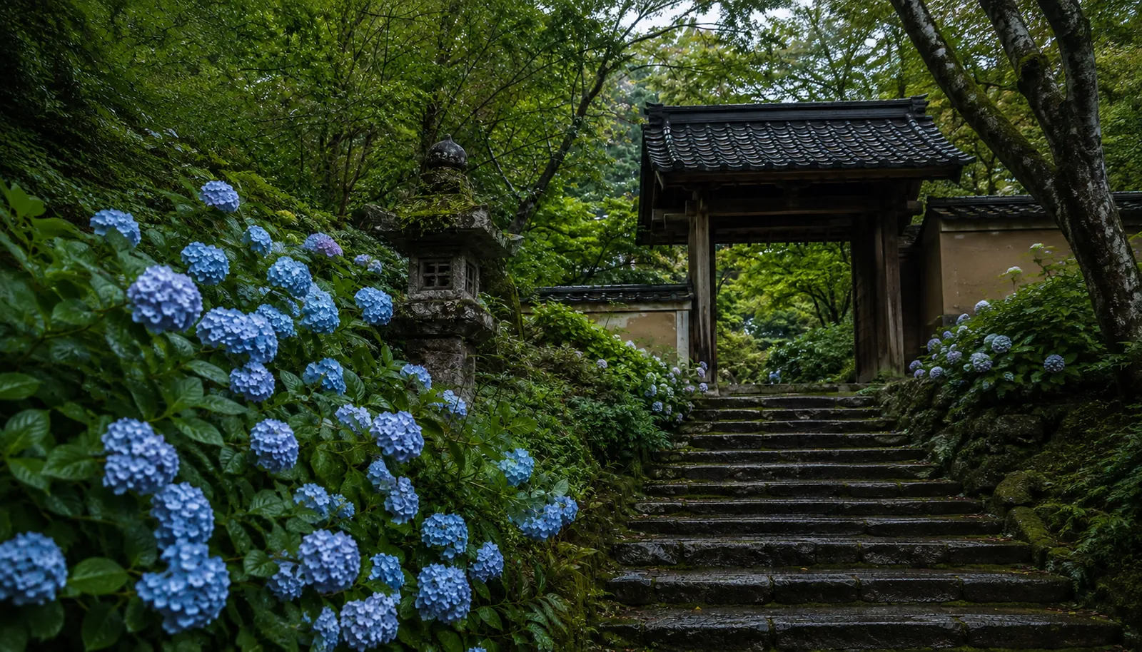 雨に濡れた石段と山門、色を移す藍色の紫陽花（イメージ）